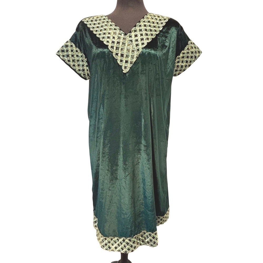 Handmade Emerald Green Velvet Kaftan Dress Gold Trim V-Neck Short Sleeve L/XL